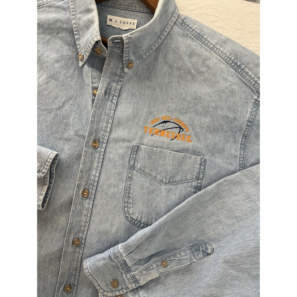 VTG '98 Tennessee Volunteers Denim Button Up Shirt Sz XL Embroidered 100% Cotton